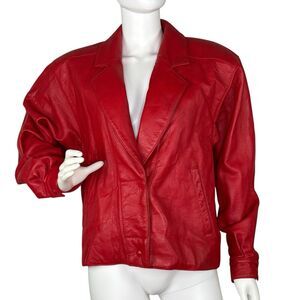Vintage 80s Womens Red Leather Bomber Jacket Shawl Collar Size 8